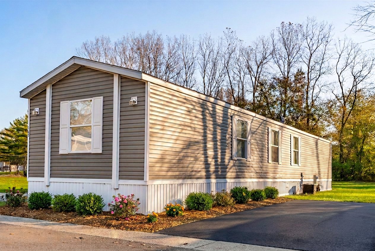 A single-section manufactured home with a landscaped front